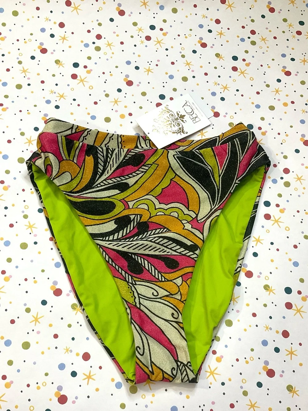 NWT BECCA Metallic Retro 60s Psychedelic Printed High Cut Bikini Bottom Small